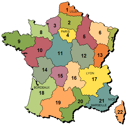 Map of France Showing Different Regions and Provinces